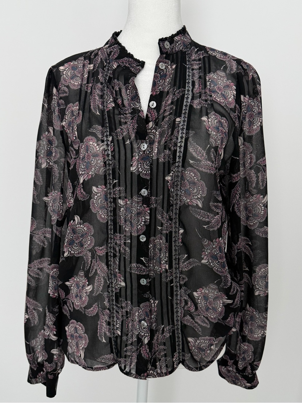 1.State Sheer Black Floral Button-Up Blouse with Pink Accents small